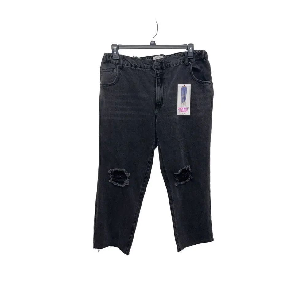 NWT Vanilla Star Jeans Cinch Waist Straight Black Distressed Jeans 14W Plus